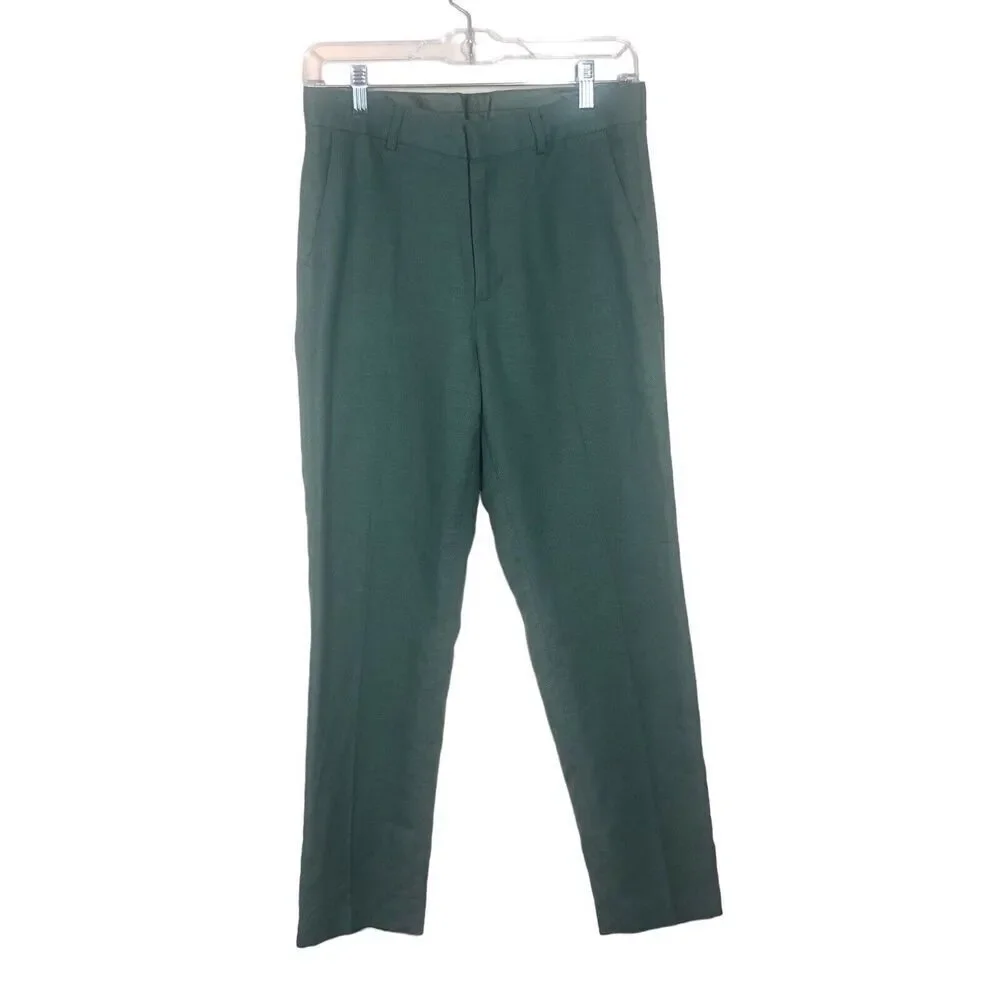 H&M‎ Pants Womens Size 16 Olive Green Linen Woven Pleated Front Slacks Career